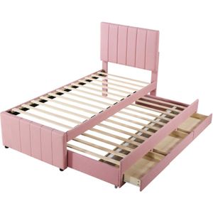Gotagee Gestoffeerd bed 90 x 200 cm met uitschuifbed en opberglades, linnen bekleding, vlak eenpersoonsbed, kinderbed, jeugdbed, logeerbed (roze)