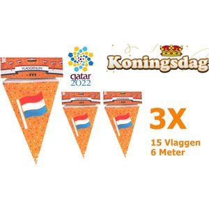 3x Koningsdag - WK 2022 - Vlaggenlijn - 15 vlaggen - 6 Meter - WK2022 - Qatar - Voetbal - Oranje - Nederland