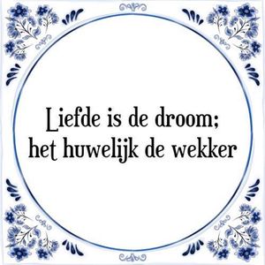 Tegeltje met Spreuk (Tegeltjeswijsheid): Liefde is de droom; het huwelijk de wekker + Kado verpakking & Plakhanger