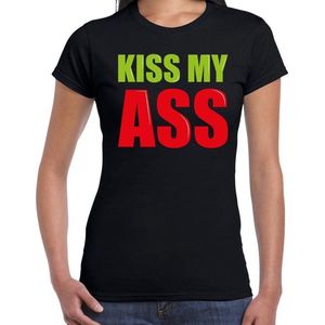Kiss my ass fun tekst t-shirt zwart dames - Fun tekst /  Verjaardag cadeau / kado t-shirt XL