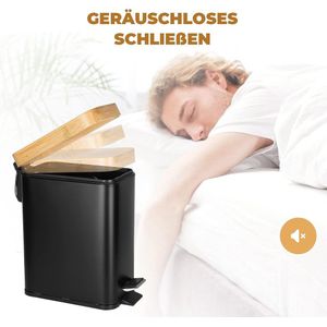 badkamervuilnisemmer met bamboedeksel, slanke kleine vuilnisemmer met softclose softclose softclosemechanisme en uitneembare binnenemmer voor badkamer, slaapkamer, kantoor (zwart)