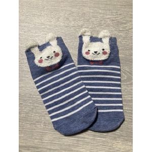 Leuke dieren enkelsokken Konijn Catroon style sokken - Grijs - Wit gestreept - Unisex Maat 35-39
