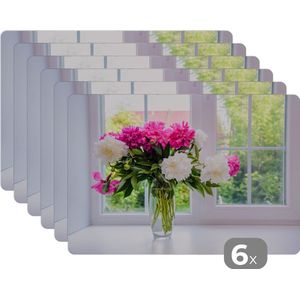 Placemat - Placemats kunststof - Bloemen - Pioenrozen - Vaas - 45x30 cm - 6 stuks - Hittebestendig - Anti-Slip - Onderlegger - Afneembaar