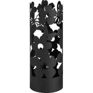 Moderne metalen paraplubak Flowers met 2 haken en uitneembare lekbak 19 x 19 x 49 cm (zwart)