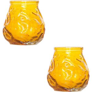 2x Gele mini lowboy tafelkaarsen 7 cm 17 branduren - Kaars in glazen houder - Horeca/tafel/bistro kaarsen - Tafeldecoratie - Tuinkaarsen