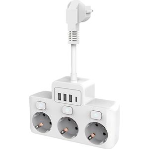 Stekkerdoos 7-in-1 Power Strip met USB, 3AC-stopcontacten met 4 USB-poorten (1 Type-C), lichtblauwe individuele schakelaars, flexibele korte snoer stopcontact adapter voor thuis, kantoor en reisgebruik, 3680W