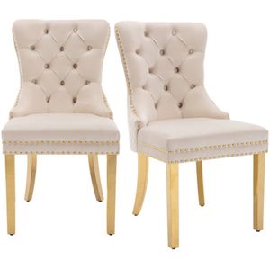 Merax Eetkamerstoelen Set van 2 – Beige met Goud – Velvet Bekleding – Luxe Design Stoelen met Handgreep en Nagelkopdetails