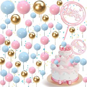 Mini Ballon Taarttoppers - 50 Stuks Roze, Blauw & Goud - Schuim Decoratie voor Verjaardag en Bruiloft