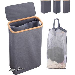 Mrs. Jones Wasmand met deksel 70 liter smalle wasbox met bamboe handvat en binnenzak opvouwbare wasbox-wassorteerder voor bijkeuken yoga-organizer donkergrijs. .