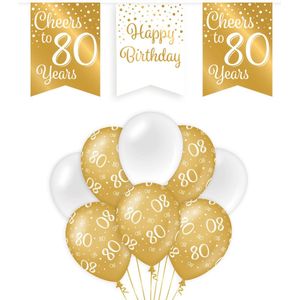 80 Jaar Verjaardag Decoratie Versiering - Feest Versiering - Vlaggenlijn - Ballonnen - Man & Vrouw - Goud en Wit