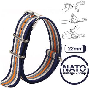 22mm Nato Strap Blauw met Oranje, Grijs en Wit - Vintage James Bond - Nato Strap collectie - Mannen - Horlogebanden - Blue Orange Gray White - 22 mm bandbreedte voor oa. Seiko Rolex Omega Casio en Citizen