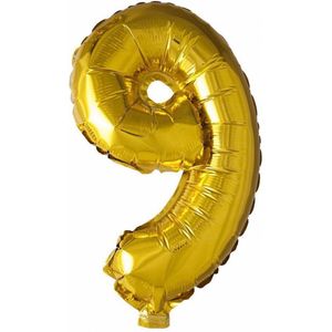Folie Ballon Cijfer 9 Goud 41cm met rietje