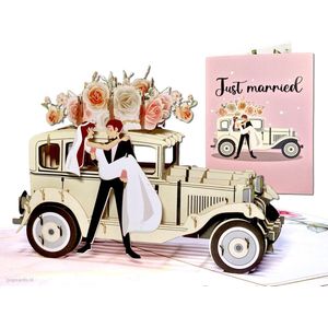 Popcards pop-up kaarten - Romantische Trouwkaart Trouwauto met Bruidspaar - Antieke auto - Oldtimer - Rozen - Trouwen - Huwelijk Huwelijkskaart Felicitatie pop-up kaart 3D wenskaart