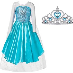 Het Betere Merk - Prinsessenjurk meisje - Elsa jurk - Lange Sleep - Carnavalskleding kinderen - Prinsessen Verkleedkleding - 110 (120) - Kroon - Cadeau meisje - Prinsessen speelgoed - Verjaardag meisje