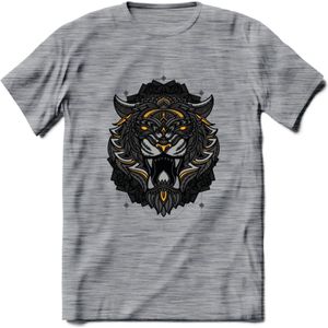 Tijger - Dieren Mandala T-Shirt | Geel | Grappig Verjaardag Zentangle Dierenkop Cadeau Shirt | Dames - Heren - Unisex | Wildlife Tshirt Kleding Kado | - Donker Grijs - Gemaleerd - L
