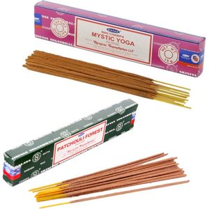Satya Wierook cadeauset - 2x geurstokjes - Mystic Yoga en Parchouli Forrest geur - Meditatie