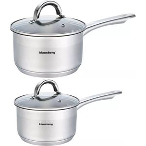 2 x steelpan / sauspan - steelpan met glazen deksel - Ø12 en Ø16 cm - RVS - 0,5 liter en 1,5 liter