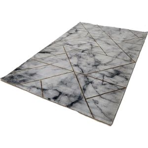 Flycarpets Carrara Modern Vloerkleed - Marmer Design - Kleur: Grijs / Goud - Afmeting: 200x290 cm
