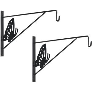 2x stuks muurhaak / plantenhaak antraciet met vlinder - geplastificeerd verzinkt staal - 24 x 35 cm - hanging basket haak