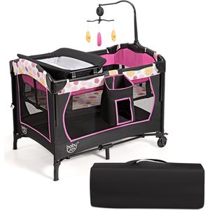 COSTWAY 4-in-1 inklapbaar reisbed & bijzetbed & commode & box, 2 niveaus babybed in hoogte verstelbaar met draagtas, matras & muziekdoos, mobiele wieg, 15 kg belastbaar (rood)