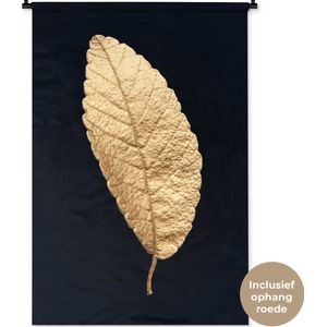 Wandkleed Golden leaves staand - Blad van goud tegen een zwarte achtergrond Wandkleed katoen 90x135 cm - Wandtapijt met foto