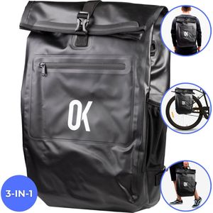 OKworld Multifunctionele 4-in-1 Fietstas - Enkele Fietstas 22L - Ook te gebruiken als Rugzak / Schoudertas / Laptoptas - Fiets Schouder Tas met Reflectoren - 100% Waterdicht Rug Zak - Fietstassen Geschikt voor Normale & Elektrische Fiets - Zwart