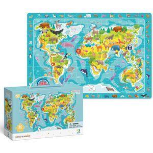 Puzzel Wereldkaart met Dieren 5+ -80 stukjes - 31x45 cm - Dieren Speelgoed voor Kinderen - Zoekboek - Kinderpuzzel 5 jaar
