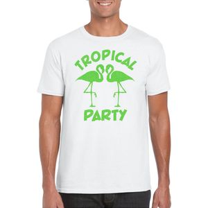 Toppers in concert - Bellatio Decorations Tropical party T-shirt heren - met glitters - wit/groen - carnaval/themafeest L