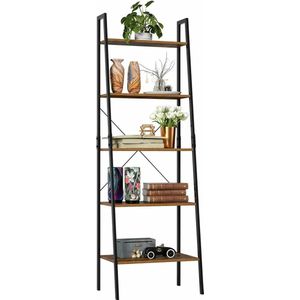 T&L Store® 5 Tredes Trap - Vintage - Industrieel - Rustiek - Modern - Woonkamer - Boekenkast - Zwart met Hout - 56x38x171 cm