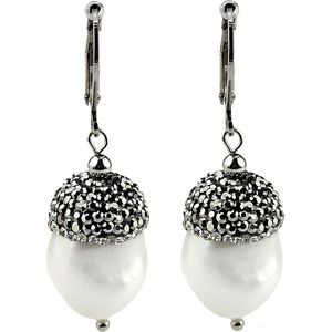 Zoetwater parel oorbellen Bling Pearl Big Nuts - oorhangers - echte parels - sterling zilver (925) - wit- zwart - stras steentjes