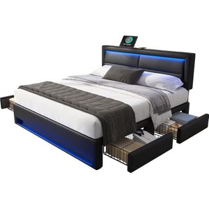 Merax Gestoffeerd Bed 140x190 cm met USB Oplaadpoort - LED Verlichting en Vier Opberglades - zonder Matras - PU Litchi Design - Zwart