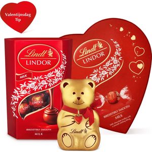 Lindt Valentijnsdag Chocolade Cadeau - 500 gram chocolade cadeaupakket - Melkchocolade bonbons - Rood Valentijn hart met chocolade beertje