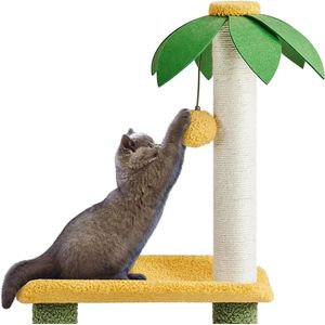 PetsPlezier Coconot Palm krabpaal, 94 cm, moderne kleine kattenkrabpaal, klimboom voor kittens, met kattengrotplatform, sisalpalen, groen/geel