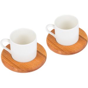 Joy Kitchen duurzame koffiekopjes en espresso kopjes set van 2 | houten onderlegger | natuurlijk barista servies | koffiemok op houten plateau | koffiebeker | porseleinen kopjes | koffie servies | barista-accessoires | duurzaam cadeau