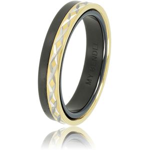 *My Bendel - Mooie ring zwart met goudkleurig kruis motief - Exclusieve duo-ring van zwart keramiek met gold plated kruismotief - Met luxe cadeauverpakking