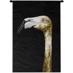 Wandkleed FlamingoKerst illustraties - Portret van een gouden flamingo op een zwarte achtergrond Wandkleed katoen 60x90 cm - Wandtapijt met foto