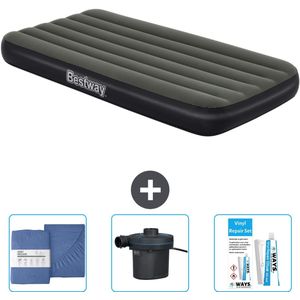 Bestway luchtbed - 1-Persoons - 99 x 188 x 28 cm - Blauw - Inclusief pomp - Hoeslaken - Pomp en Reparatieset