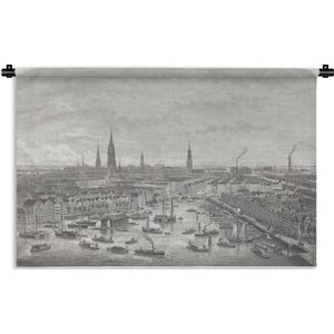 Wandkleed - Wanddoek - Een zwart-witte illustratie van de skyline in Hamburg - 150x100 cm - Wandtapijt