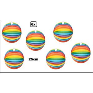 6x Lampion Regenboog 25cm - festival thema feest verjaardag party papier BBQ strand licht fun