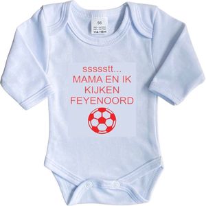 La Petite Couronne Romper Lange Mouw ""ssssstt Mama en ik kijken Feyenoord"" Unisex Katoen Wit/rood Maat 62