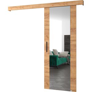 InspireMe - Schuifdeursysteem met rail en spiegel - 90x204cm - AGRA II - Gouden Eik + Gouden Eik frame + Zwart Handvat met Soft-Close system