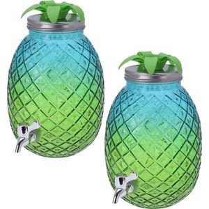 2x Stuks glazen drank dispenser ananas blauw/groen 4,7 liter - Dranken serveren - Drankdispensers