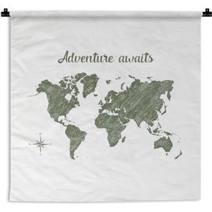 Wandkleed - Wanddoek - Wereldkaart - Quote - Groen - 180x180 cm - Wandtapijt