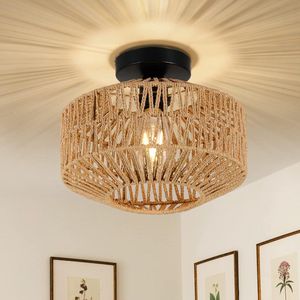 D&B Lamp - Plafondlamp - Vintage - Rotan Lampenkap - Woonkamer - Rustieke Plafondlamp - Slaapkamer - Gang - E27 - 29x29x18 Cm - Natuurlijke Rotan Kleur
