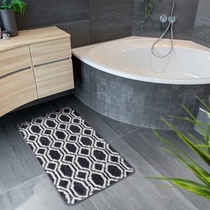 FLOORDIREKT Badmat Casablanca - Badkamerkleed - Antislip & Sneldrogend - Geschikt voor Vloerverwarming - Superzacht - Zwart & Wit - 80 x 150 cm
