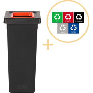 Plafor Fit Bin, Prullenbak voor afvalscheiding - 53L – Zwart/Rood - Inclusief 5-delige Stickerset - Afvalbak voor gemakkelijk Afval Scheiden en Recycling - Afvalemmer - Vuilnisbak voor Huishouden, Keuken en Kantoor - Afvalbakken - Recyclen