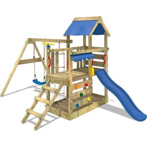 WICKEY speeltoestel klimtoestel TurboFlyer met schommel en blauwe glijbaan, outdoor klimtoren voor kinderen met zandbak, ladder en speelaccessoires voor de tuin