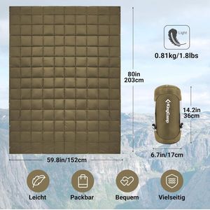 Ultralichte reisdeken, warme outdoordeken, winddichte campingdeken, waterafstotend, compact, klein pakformaat voor onderweg, picknick, reizen, thuis, 152 203 cm, olijf