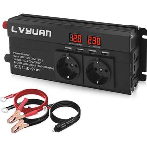 Spanningsomvormer 12V naar 230V - 800W / 1600W met 3 Stopcontacten en 4 USB-poorten