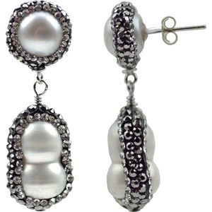 Zoetwater parel oorbellen Double Bling Peanut Pearl - oorstekers - echte parels - sterling zilver (925) - wit - stras steentjes - zwart